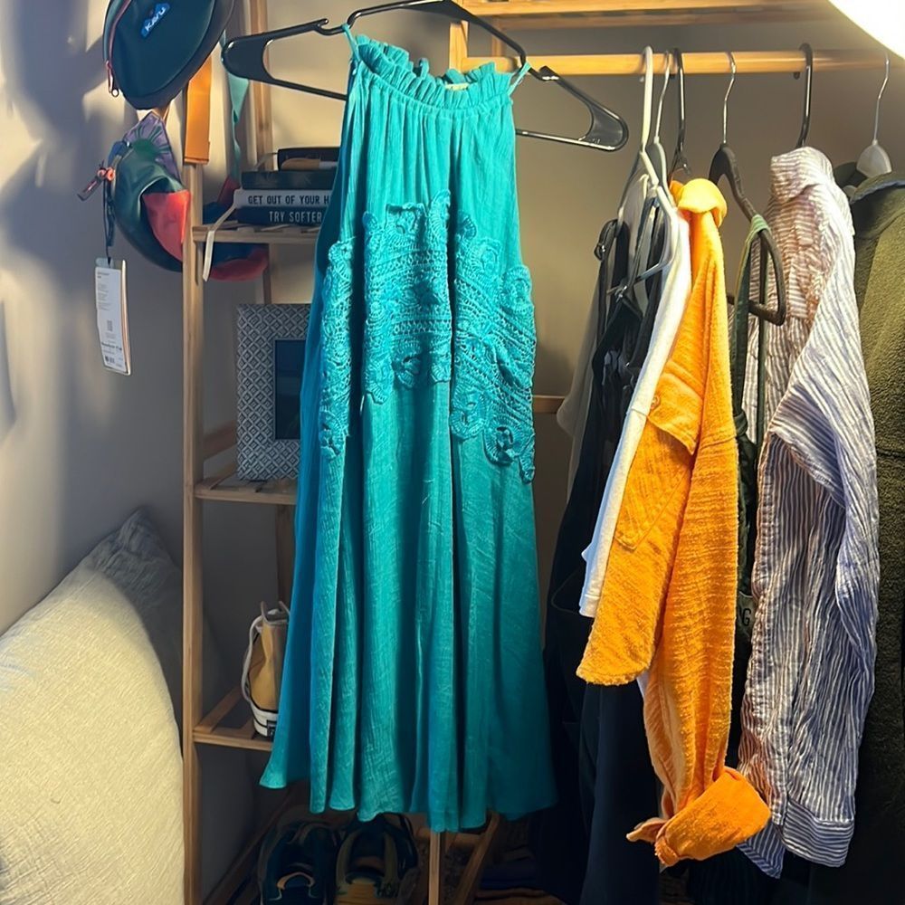 Teal lightly worn boutique high neck dress